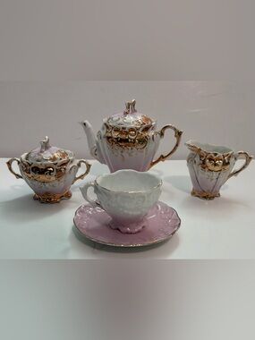 Vtg White Pink Gold Porcelain Tea Set Small Victorian Teapot Sugar Bowl  Creamer